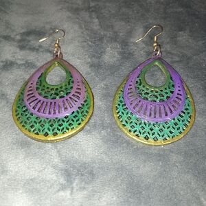 Vibrant Green and Purple Hoop Earrings with Intricate Patterns